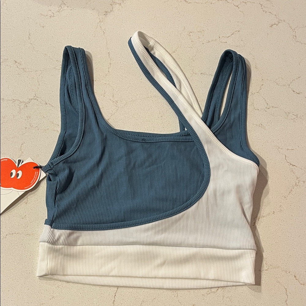 Cider Blue and White Ribbed Asymmetric Sports Bra Top